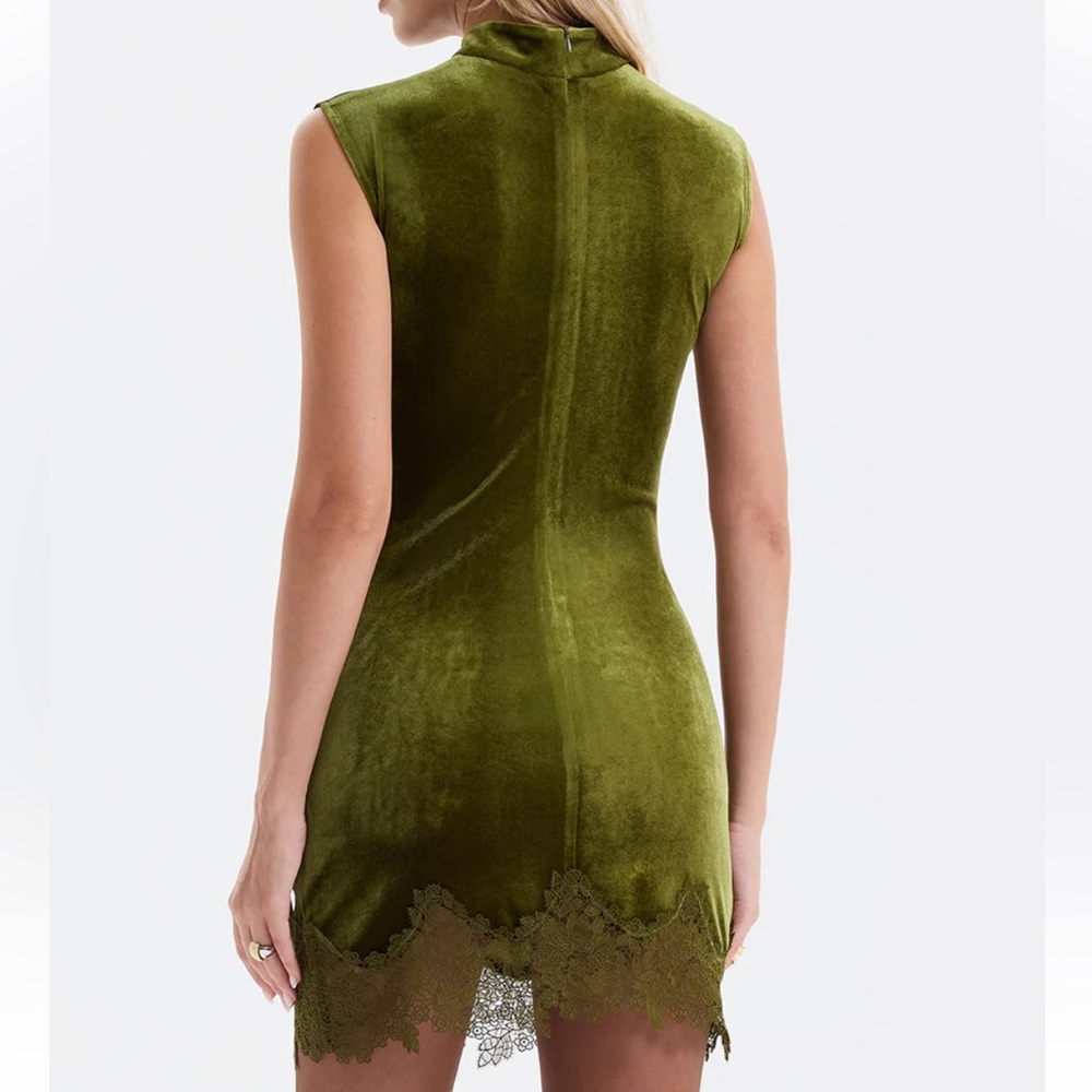 NWT Commense Olive Velvet Lace-Trim Mini Dress - Picture 2 of 5